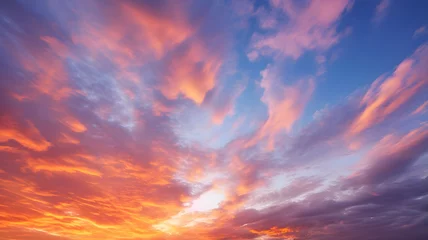 Foto op Canvas sunset with cirrus clouds, beautiful cloud patterns at dusk, sunrise, orange clouds in the sky, sky background, sky gradient, twilight, heaven, nature, blue sky, © Ncorp