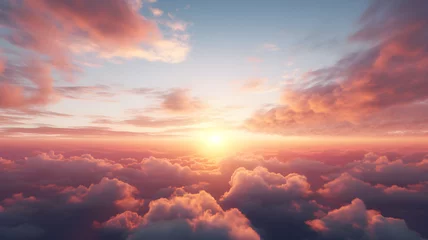 Fotobehang Sunset, sunrise, sky with clouds at twilight, dusk, dawn, flying above the clouds, over the clouds, plane, orange clouds, pink clouds, sunlight, heaven, pastel colors, sky background, cirrus clouds © Ncorp