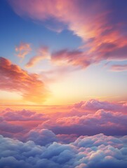 Sunset, sunrise, sky with clouds at twilight, dusk, dawn, flying above the clouds, over the clouds, plane, orange clouds, pink clouds, sunlight, heaven, pastel colors, sky background, cirrus clouds - obrazy, fototapety, plakaty
