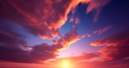 Obraz premium Sunset, sunrise, sky with clouds at twilight, dusk, dawn, orange clouds, pink clouds, sunlight, heaven, pastel colors, sky background, cirrus clouds