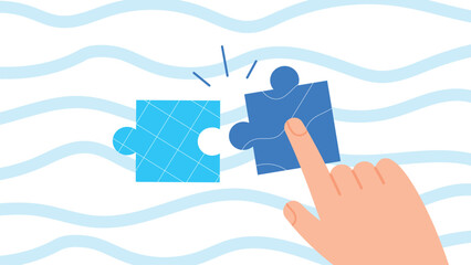 Puzzle piece and hand with wavy lines background, pattern background, blue and white