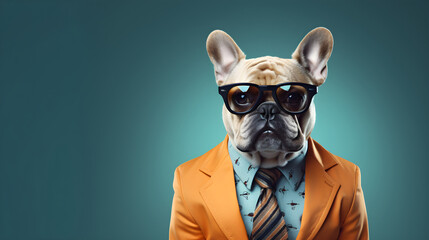 Cool looking French bulldog dog wearing funky fashion dress jacket, tie, glasses. Wide banner with space for text right side. Stylish animal posing as supermodel, Generative AI