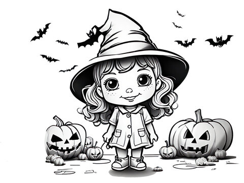halloween theme coloring book. coloring page for kids with a pumpkin, little witch, a bat and more
