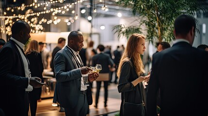 Business model networking at a corporate event, exuding charm and affability, with blurred attendees in the background