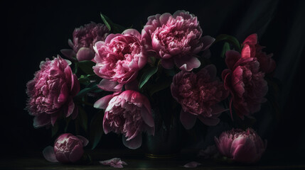bouquet of pink peonies, dark background.