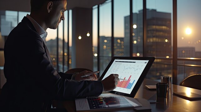 Business model with a digital tablet, reviewing charts, set against the backdrop of an innovative tech hub