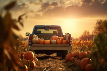Pickup truck with a trunk full of pumpkins against the backdrop of the setting sun