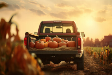 Pickup truck with a trunk full of pumpkins against the backdrop of the setting sun - obrazy, fototapety, plakaty