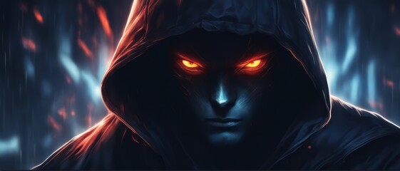 A hooded man with scars on his face and light from his eyes stands in the darkness