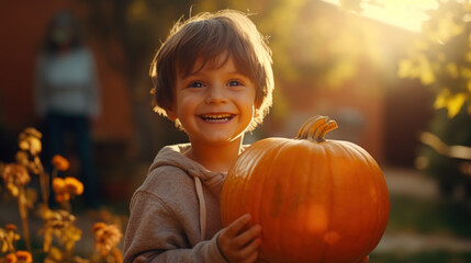Fototapeta premium Smiling boy holding a pumpkin in his hands