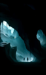 A dark cave landscape, Scene in Cartoon-Realistic Style, Children's Book Illustrations, Environmental Awareness Campaigns, Video Game Backgrounds. Rich Greenery Details for Nature-inspired Design