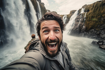Young Man Enjoying the Beauty of Nature: Selfie at a Waterfall