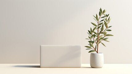 Wall  background in natural light minimalistic home  interior textured  in neutral colors. Vase and plants with podium stage mock up copy space banner graphic layout. Generative AI 