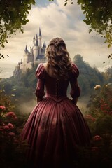 Victorian style clothes young woman on castle background