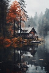 Fototapeta premium house on the lake in autumn