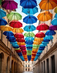 many colorful umbrellas hanging from the ceiling in an alley way with buildings and cobbles on both sides, rome, italy