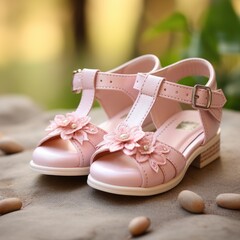 Naklejka premium Stylish sandals for kids girls on natural background. Shiny fashion summer shoes