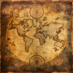 Ancient world map. A concept of vintage mapistry, navigation, traveling and the globe. Generative ai. 