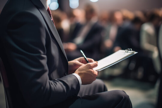 A person takes notes during a business seminar, capturing valuable information to implement in their career endeavors. Generative Ai.
