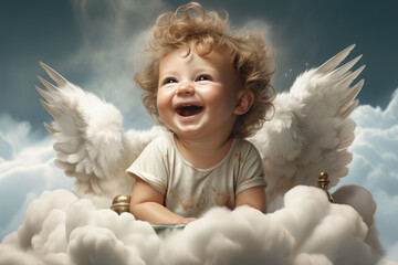 Laughing cute baby with angel wings in the cloud