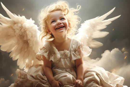 baby angel with wings in a cloud in heaven