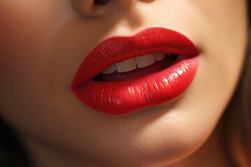 Close up of beautiful woman lips with red lipstic, fashion makeup concept