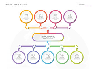 Infographic process design with icons and 9 options or steps.