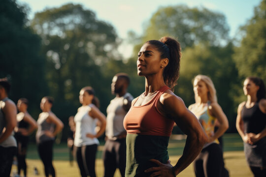 A fitness class gathers in a park, showcasing the sense of community and camaraderie that contributes to lasting wellbeing. Generative Ai.