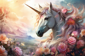 Obraz na płótnie Canvas Portrait of a magical unicorn in beautiful colored flowers. In the style of watercolor painting