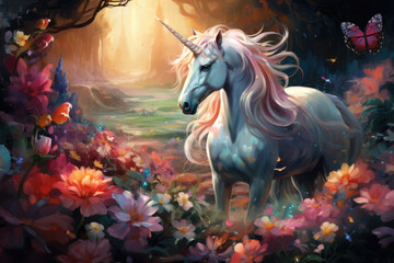 Magic unicorn in beautiful colored flowers. In the style of watercolor painting