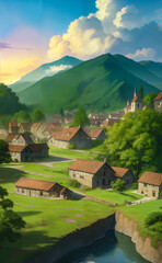 Fototapeta na wymiar Medieval village landscape, Scene in Cartoon-Realistic Style, Children's Book Illustrations, Environmental Awareness Campaigns, Video Game Backgrounds. Rich Greenery Details for Nature-inspired Design