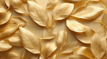 3d gold color leaf wallpaper design - 3d illustration