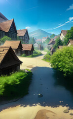 Medieval village landscape, Scene in Cartoon-Realistic Style, Children's Book Illustrations, Environmental Awareness Campaigns, Video Game Backgrounds. Rich Greenery Details for Nature-inspired Design