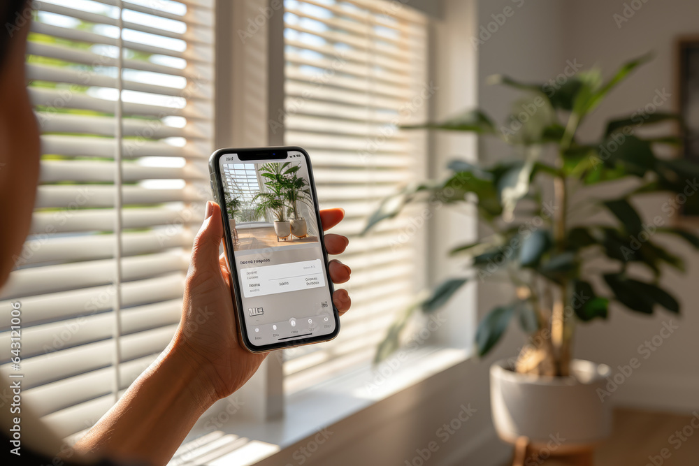Poster a close-up of a person's hand using a smartphone app to control smart blinds for natural light manag