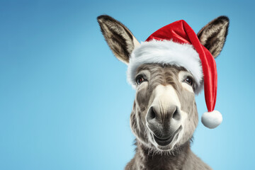 Portrait of donkey with Santa Claus hat. AI generative art