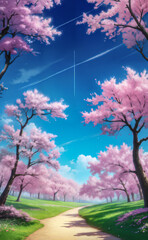 A blossom landscape, Scene in Anime Cartoon-Realistic Style, Children's Book Illustrations, Environmental Awareness Campaigns, Video Game Backgrounds. Rich Greenery Details for Nature-inspired Design