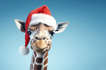 Portrait of giraffe with Santa Claus hat. AI generative art