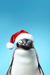 Fototapeta premium Portrait of penguin with Santa Claus hat. AI generative art