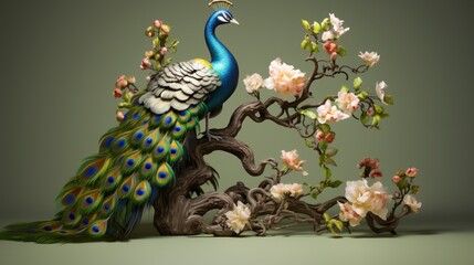 3D Illustration of peacock sitting on the branch , flowers- ILLUSTRATION