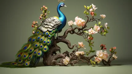 Rolgordijnen 3D Illustration of peacock sitting on the branch , flowers- ILLUSTRATION © Ghulam