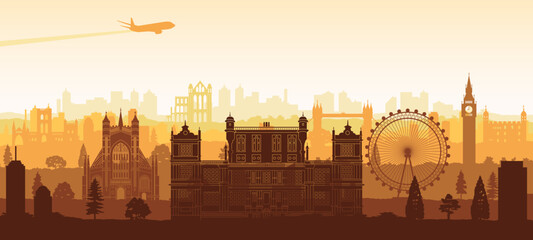 England famous landmarks silhouette style with yellow and white color,vector illustration - obrazy, fototapety, plakaty