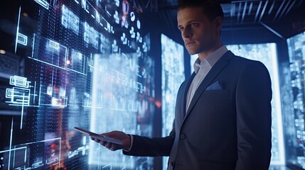 Fashion model in a suit embedded with a digital interface, interacting with hovering holographic screens