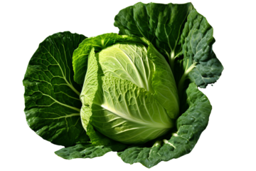 Fresh green cabbage isolated on transparent background with clipping path - high quality PNG image of healthy vegetable