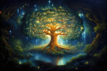 A Painting Of A Tree Surrounded By Water. Сoncept Tree Painting, Impressionist Art, Water Landscapes, Nature Art