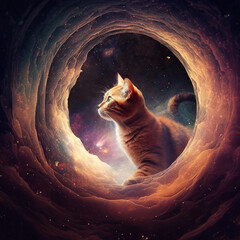 Red cat in space against a dark starry sky. Surreal picture. Generated AI