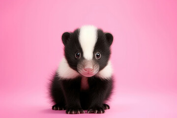 Obraz premium Cute Baby Skunk On Pink Background. Сoncept Cute Baby Skunks, Pink Backgrounds, Animal Buddies, Wildlife Photography