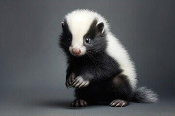 Cute Baby Skunk On Gray Background . Сoncept Cute Baby Skunk, Pet Care Tips, Grey Backgrounds, Picturesque Animals
