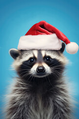 Portrait of raccoon with Santa Claus hat. AI generative art