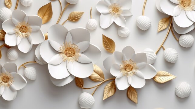 3d, abstract background with white paper flowers and golden leaves, floral botanical wallpaper