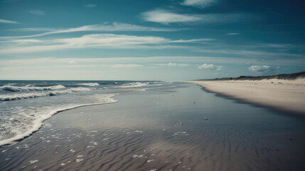 calm blue baltic sea against a blue sky with white cirrus clouds and an empty sandy beach.